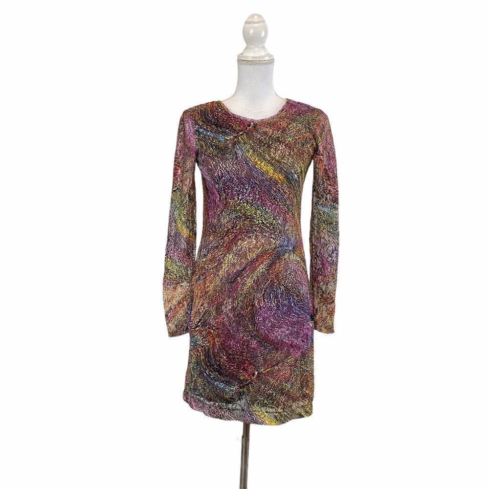 Small Women's CLUNY Dress Fitted Stretch Dress Abstract Long Sleeve Multicolor